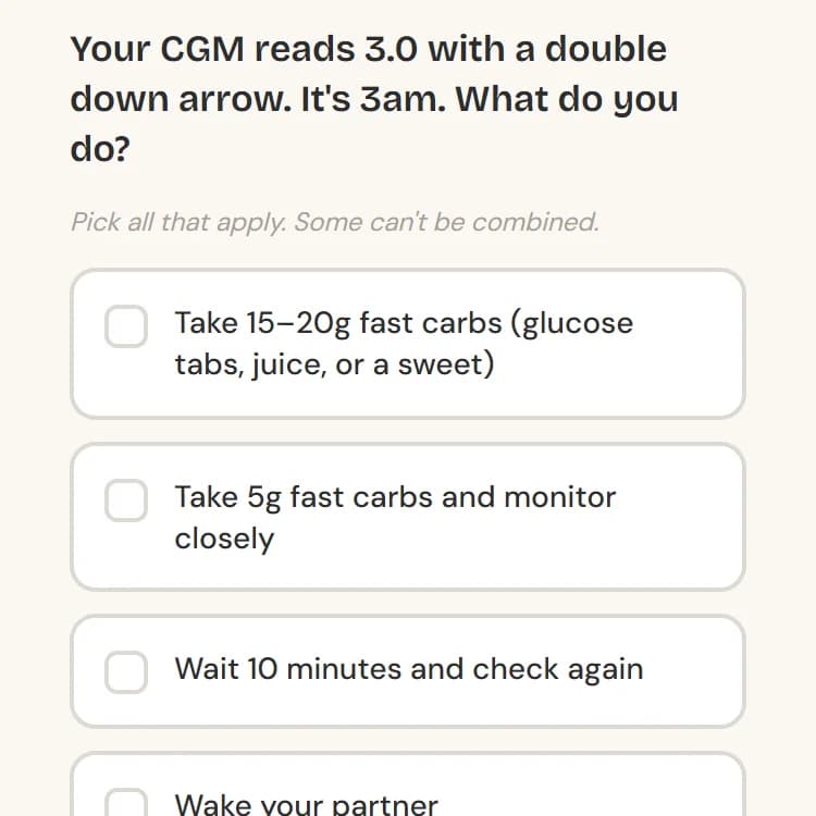 A Decision Lab decision point on a phone: your CGM reads 3.0 with a double down arrow at 3am, what do you do, with tick-box options such as take fast carbs, wait ten minutes and check again, or wake your partner.