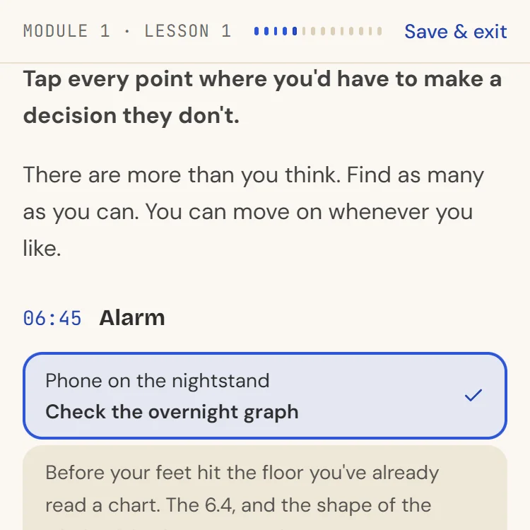 Lesson 1.1 on a phone, A normal Tuesday morning: a progress rail, then moments from the morning with the objects you can tap to find a decision, one of them found and marked Estimate the carbs.