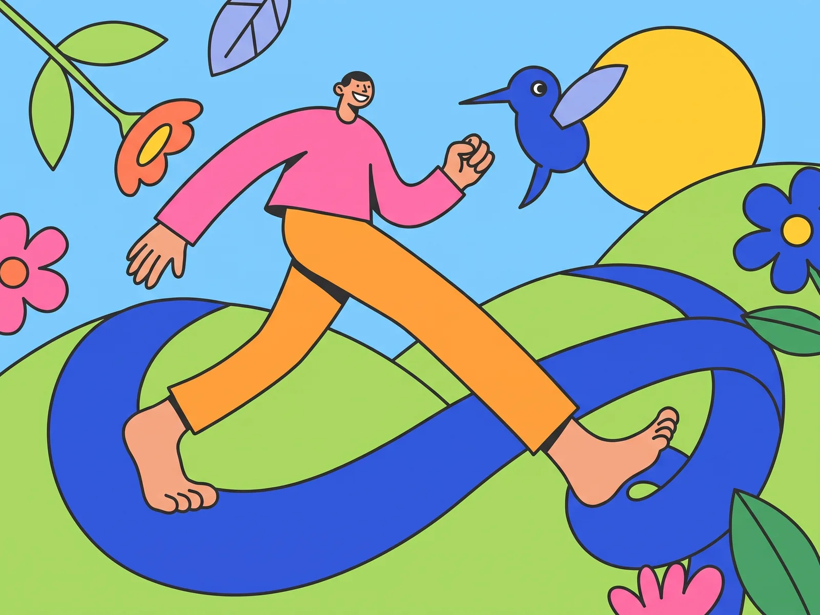 A person walking a soft glucose line like a path, with Tid the hummingbird alongside.